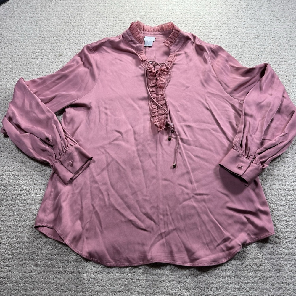 Chicos Womens Top Modal Long Sleeve Ruffle Blouse‎ Size 1 Rose Pink Long Sleeve